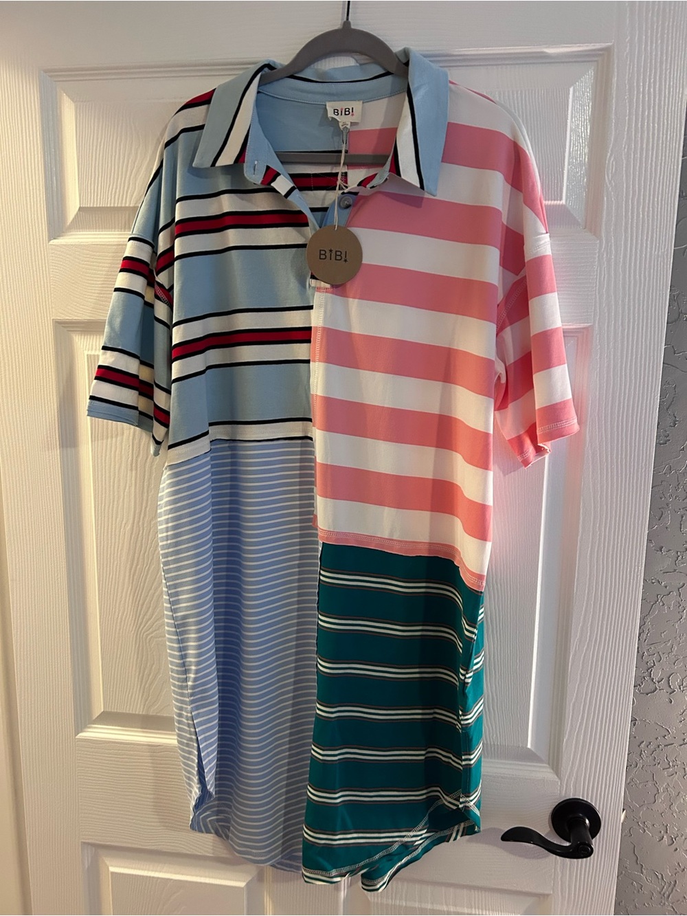 BiBi Multi-Striped Colorblock Polo Dress - Pink, Light Blue, Teal, White